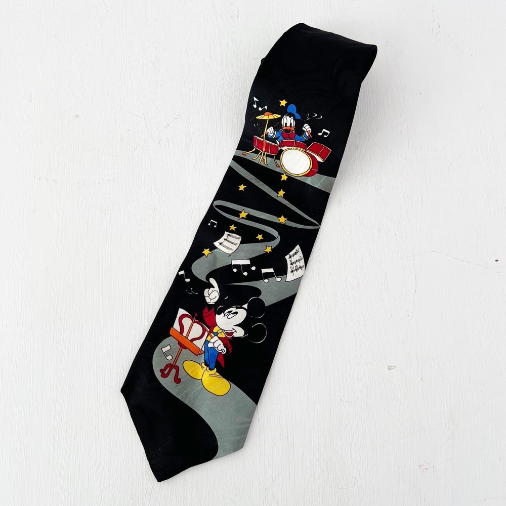 Disney Necktie Black Mickey Mouse Donald Duck Musical Conductor Vintage USA Made